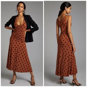 Anthropologie Polka Dot Ruched Midi Dress